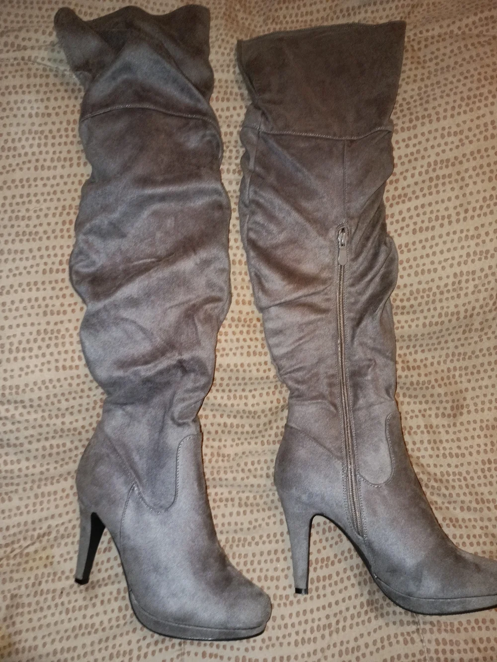 Over-the-Knee Slouchy High-Heel Boots in Gray